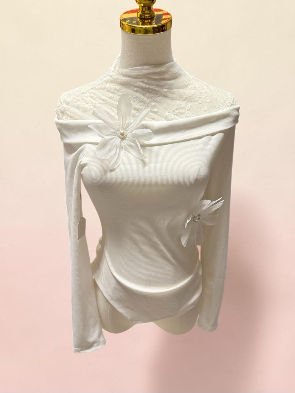Elegant Off-Shoulder White Top with Floral Appliqués